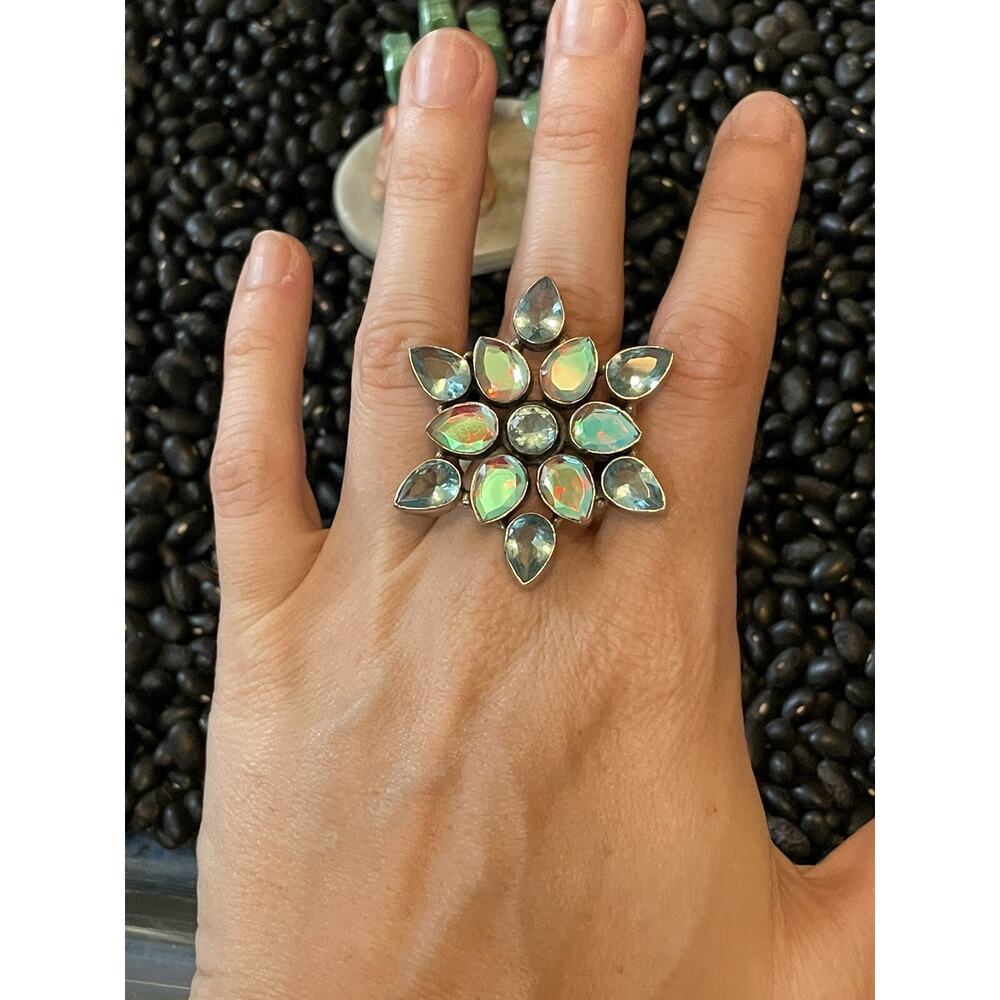 Native Sw Sterling Faceted Multi-stone Blue Green Rainbow Borealis Cluster Ring - Picture 2 of 12